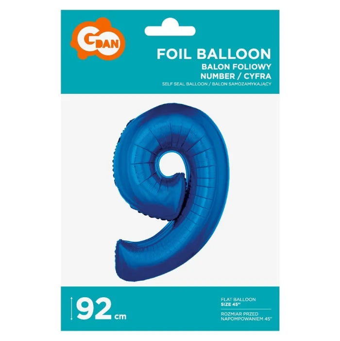 Balon foliowy Cyfra 9, niebieska, 92 cm