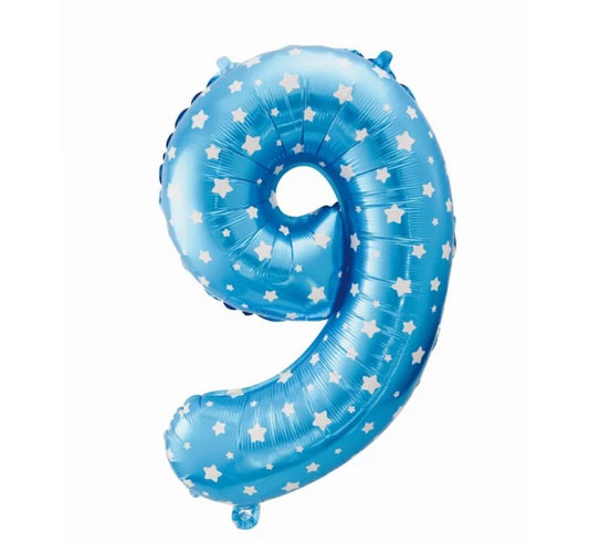 Balon foliowy cyfra 9 – niebieski w białe gwiazdy 61 cm