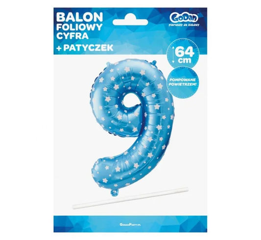 Balon foliowy cyfra 9 – niebieski w białe gwiazdy 61 cm