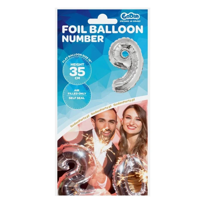 Balon foliowy Cyfra 9, srebrna, 35 cm