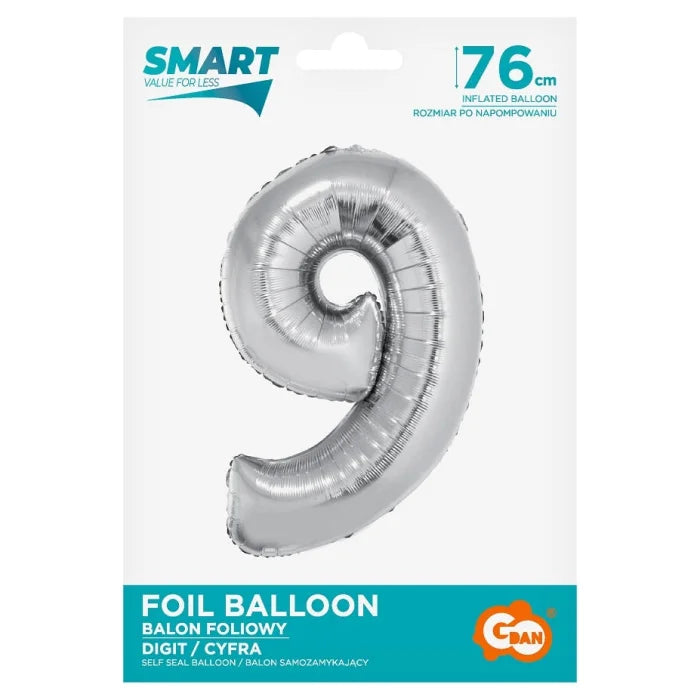 Balon foliowy Cyfra 9, Srebrna, SMART, 76 cm