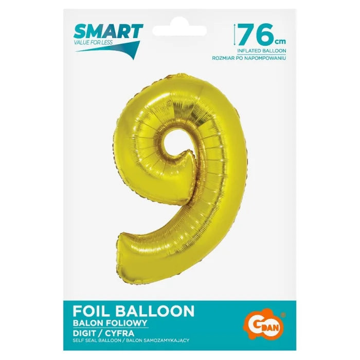 Balon foliowy Cyfra 9, Złota, SMART, 76 cm