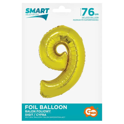 Balon foliowy Cyfra 9, Złota, SMART, 76 cm