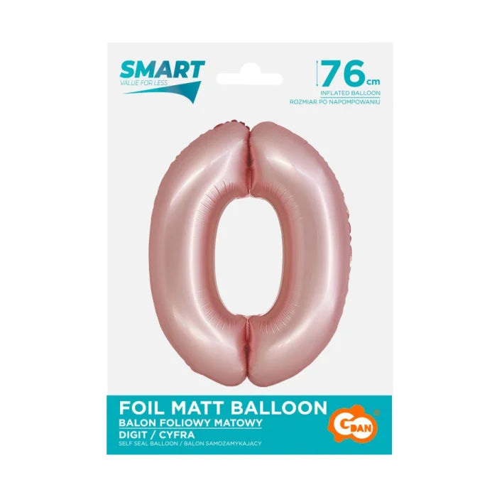 Balon foliowy Cyfra 0, j. różowa matowa, Smart, 76 cm