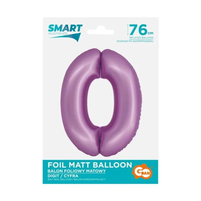 Balon foliowy Cyfra 0, lawendowa matowa, Smart, 76 cm