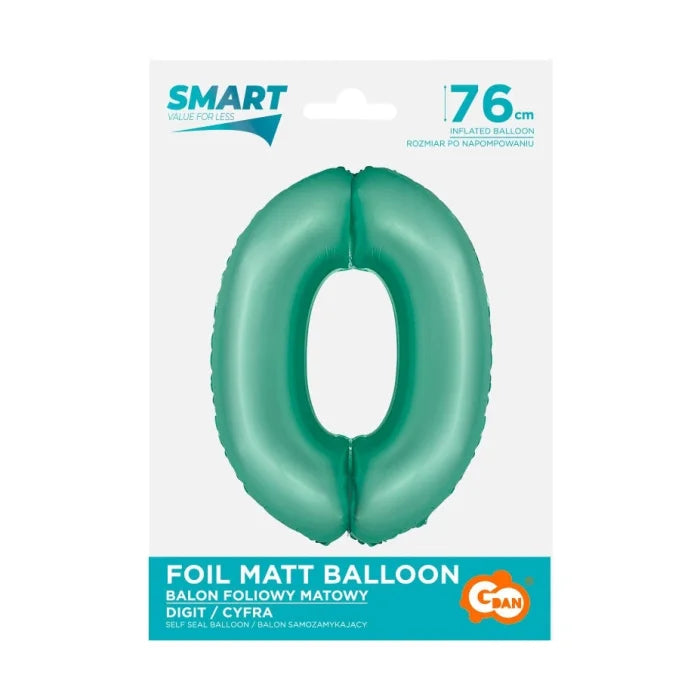 Balon foliowy Cyfra 0, miętowa matowa, Smart, 76 cm