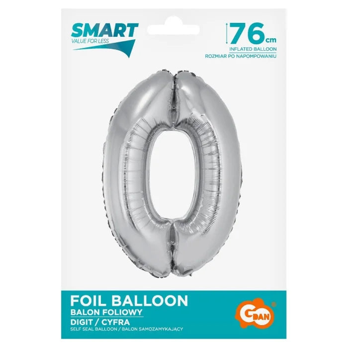 Balon foliowy Cyfra 0, Srebrna, SMART, 76 cm