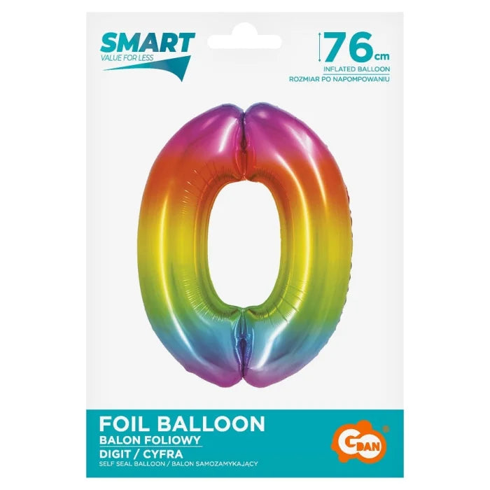 Balon foliowy Cyfra 0, tęczowa, SMART, 76 cm