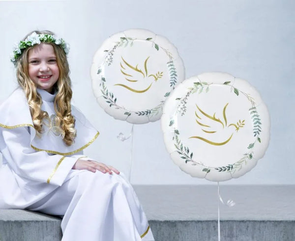 Balon foliowy Gołąbek z listkami 18” (46 cm) – Biało-Złoty