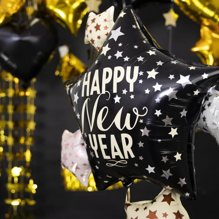 Balon foliowy Gwiazdy “Happy New Year” 83 × 90 cm – efektowna dekoracja sylwestrowa - Balloons