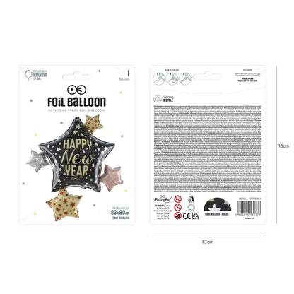 Balon foliowy Gwiazdy “Happy New Year” 83 × 90 cm – efektowna dekoracja sylwestrowa - Balloons