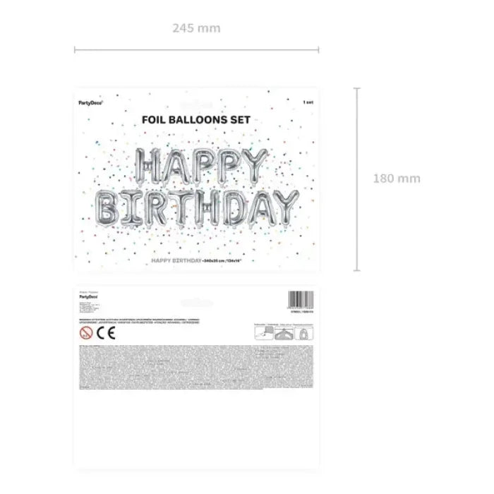 Balon foliowy Happy Birthday, 340x35cm, srebrny