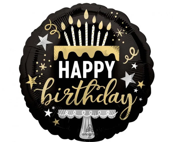 Balon foliowy Happy Birthday czarno-złoty 46 cm (18”) - Balloons