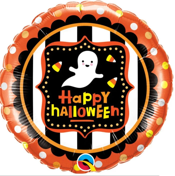 Balon foliowy „Happy Halloween” z duchem – pomarańczowo-czarny 46 cm (18”) Qualatex - Balloons
