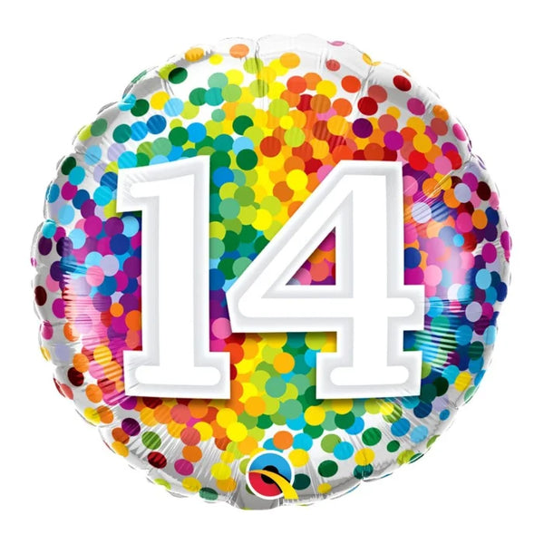 Balon foliowy liczba 14, okrągły, tęczowe konfetti, 18 cali QL