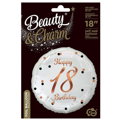 Balon foliowy Liczba 18, Happy 18 Birthday, biały, nadruk różowo-złoty, 45 cm
