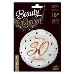 Balon foliowy Liczba 30, B&C Happy 30 Birthday, biały, nadruk różowo-złoty, 18"