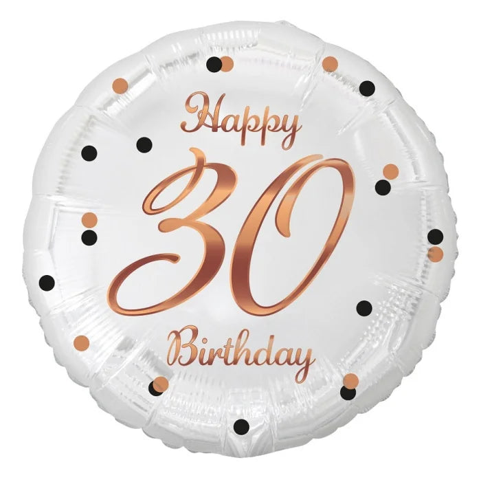 Balon foliowy Liczba 30, B&C Happy 30 Birthday, biały, nadruk różowo-złoty, 18"