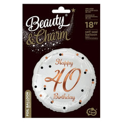 Balon foliowy Liczba 40, B&C Happy 40 Birthday, biały, nadruk różowo-złoty, 18"