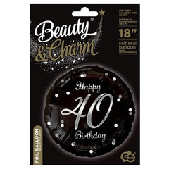 Balon foliowy Liczba 40, Happy 40 Birthday, czarny, nadruk srebrny, 45 cm