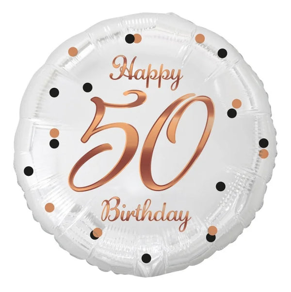 Balon foliowy Liczba 50, B&C Happy 50 Birthday, biały, nadruk różowo-złoty, 18"