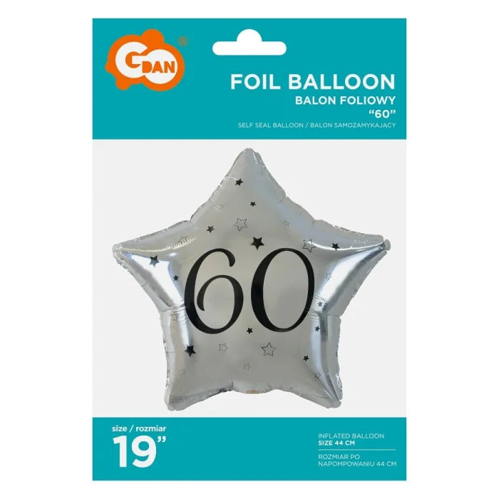 Balon foliowy Liczba 60 gwiazda srebrna, nadruk czarny, 19"