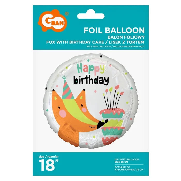 Balon foliowy Lisek z tortem Happy Birthday , 45 cm