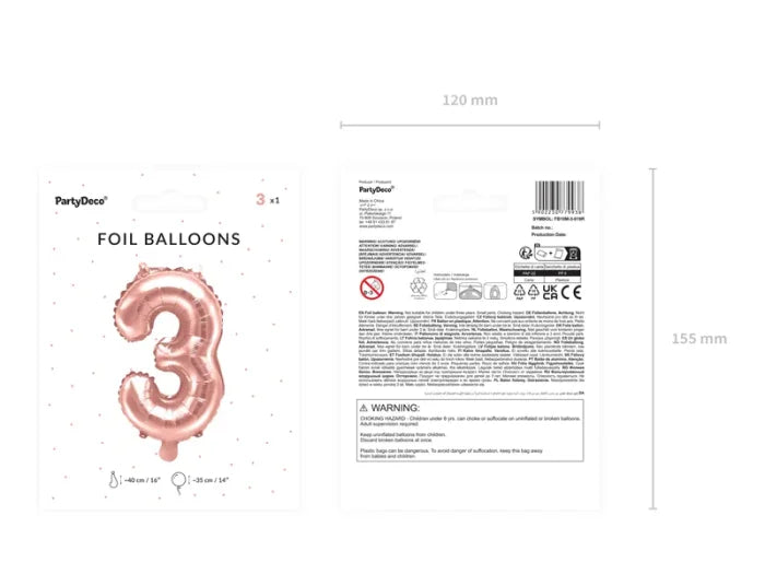 Balon foliowy metalizowany – Cyfra ’3’’ różowe złoto 40 cm