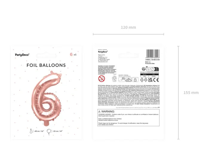 Balon foliowy metalizowany – Cyfra ’6’’ różowe złoto 40 cm