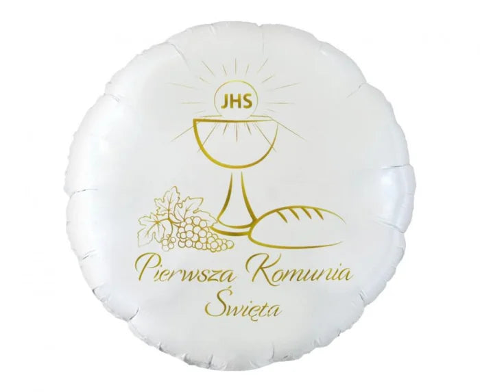 Balon Foliowy „Pierwsza Komunia Święta” 18” (46 cm) – Biało-Złoty