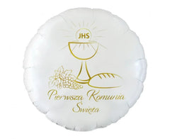 Balon Foliowy „Pierwsza Komunia Święta” 18” (46 cm) – Biało-Złoty