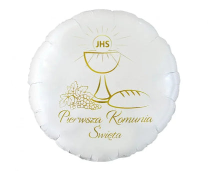 Balon Foliowy „Pierwsza Komunia Święta” 18” (46 cm) – Biało-Złoty