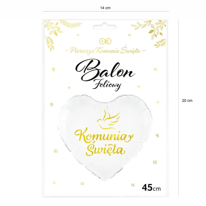 Balon foliowy serce „Komunia Święta” biało-złoty – 45 cm - Balloons