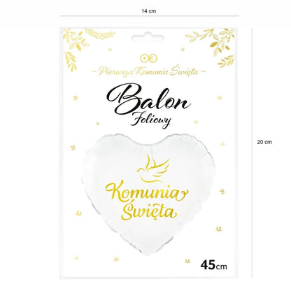 Balon foliowy serce „Komunia Święta” biało-złoty – 45 cm - Balloons