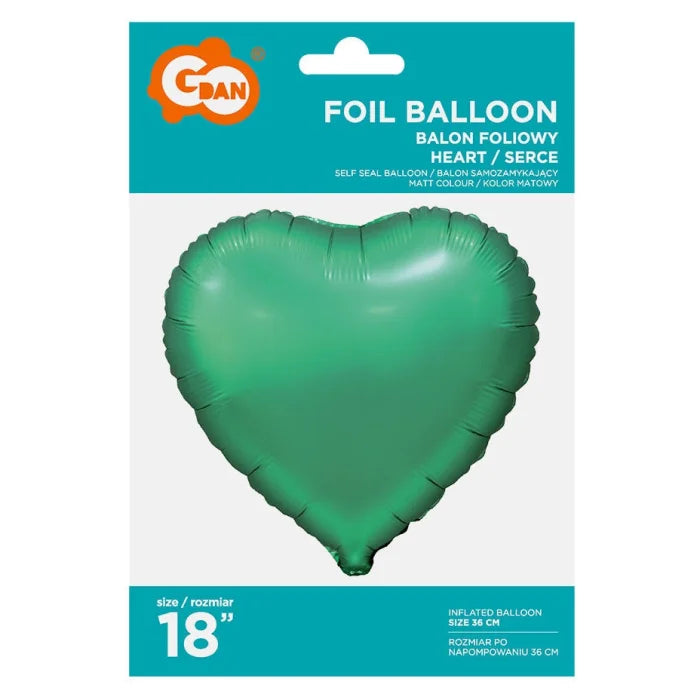 Balon foliowy SERCE, matowe, zielone, 18 cali