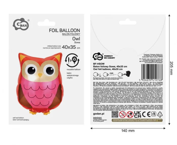 Balon foliowy Sowa – 40 × 35 cm różowy - Balloons