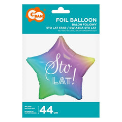 Balon foliowy Sto Lat, gwiazda gradient, nadruk biały, 19"