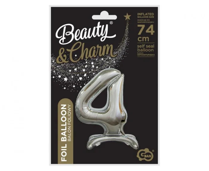 Balon foliowy stojący cyfra 4 srebrny – 74 cm Beauty&Charm