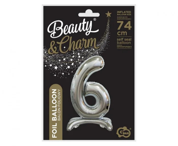 Balon foliowy stojący cyfra 6 srebrny – 74 cm Beauty&Charm