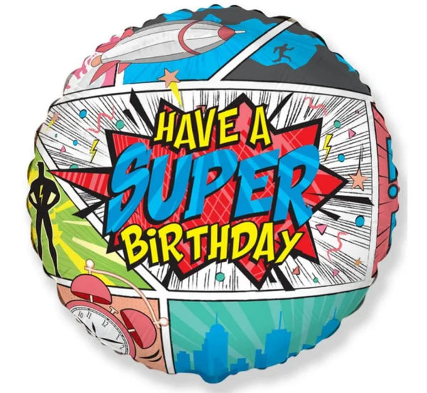 Balon foliowy Super Birthday – Comic 18 cali (okrągły 48 cm) - Balloons