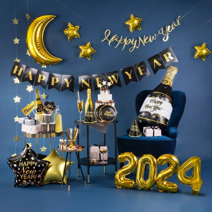 Balon foliowy Szampan Happy New Year – czarny 49 × 100 cm - Balloons