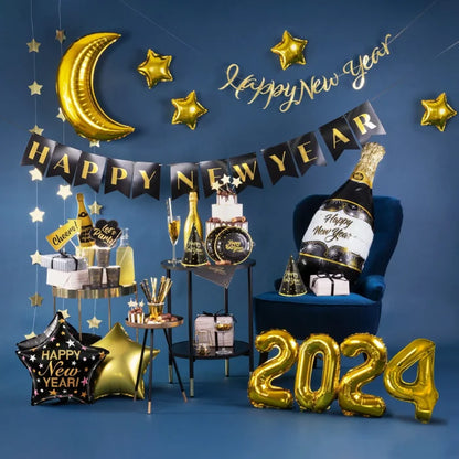 Balon foliowy Szampan Happy New Year – czarny 49 × 100 cm - Balloons
