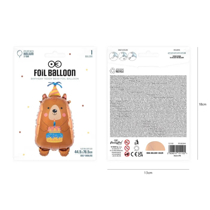 Balon foliowy Urodzinowy Miś 44 × 78 cm – urocza dekoracja na przyjęcie urodzinowe - Balloons