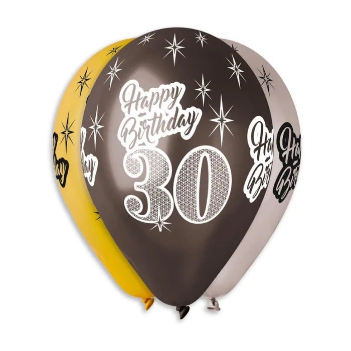 Balony "30 Urodziny" Happy Birthday, mix kolorów, 30 cm 12 cali , 6 szt.