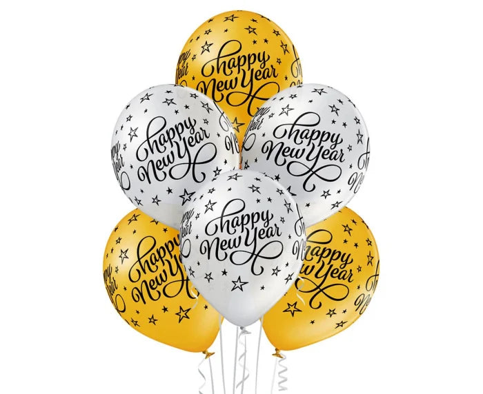 Balony Belbal Happy New Year – 12” / 30 cm | Złote i srebrne | Zestaw 6 szt. - Balloons