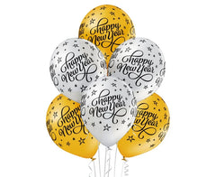 Balony Belbal Happy New Year – 12” / 30 cm | Złote i srebrne | Zestaw 6 szt. - Balloons