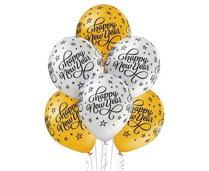 Balony Belbal Happy New Year – 12” / 30 cm | Złote i srebrne | Zestaw 6 szt. - Balloons