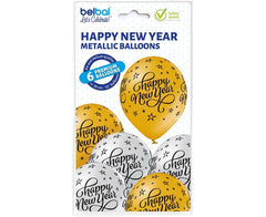 Balony Belbal Happy New Year – 12” / 30 cm | Złote i srebrne | Zestaw 6 szt. - Balloons
