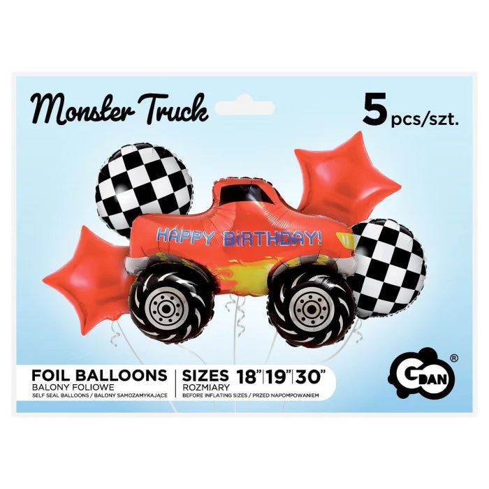 Balony foliowe - zestaw Monster Truck, Happy Birthday, 5 szt.