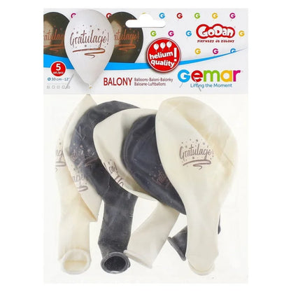 Balony "Gratulacje", biało-czarne, 33 cm 13 cali , 5 szt.